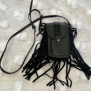 Cell phone sized crossbody black fringe purse